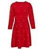 Color:Red/Ivory - Image 1 - Big Girls 7-16 3/4 Sleeve Faux-Pearl-Front Sweater Dress