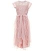Poppies and Roses Big Girls Flutter-Sleeve Lace-Bodice/Cascading Mesh High-Low-Hem Ballgown, Color:Mauve/Silver - Image 1