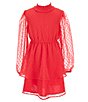 Color:Red - Image 1 - Big Girls 7-16 Long-Sleeve Clip-Dot Tiered Fit-And-Flare Dress