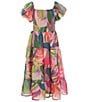 Color:Pink/Green Multi - Image 1 - Big Girls 7-16 Short Sleeve Floral Printed Maxi Dress