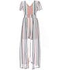 Color:Ivory/Multi - Image 1 - Big Girls 7-16 Short Sleeve Striped Linen Blend Walk-Through Dress