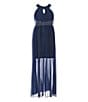 Color:Navy - Image 1 - Big Girls 7-16 Sleeveless Glitter Knit Halter Neck Jeweled Waist Mesh Walk-Through Dress
