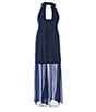Color:Navy - Image 2 - Big Girls 7-16 Sleeveless Glitter Knit Halter Neck Jeweled Waist Mesh Walk-Through Dress