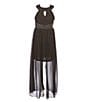 Color:Black - Image 1 - Big Girls 7-16 Sleeveless Glitter Knit Halter Neck Jeweled Waist Mesh Walk-Through Dress