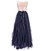 Color:Navy/Blush - Image 1 - Big Girls 7-16 Sleeveless Sequin Bodice Corkscrew Maxi Dress