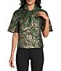 Preston & York Coordinating Celeste Tie Neck Short Sleeve Metallic Jacquard Blouse, Color:Hunter/Gold - Image 1