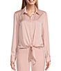 Color:Light Peony - Image 1 - Kinsley Tie Front Hem Button Front Collared Long Sleeve Shirt
