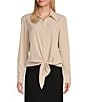 Color:Biscotti - Image 1 - Kinsley Tie Front Hem Button Front Collared Long Sleeve Shirt