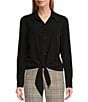 Color:Black - Image 1 - Kinsley Tie Front Hem Button Front Collared Long Sleeve Shirt