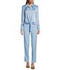 Preston & York Kinsley Tie Hem Button Front Collar Long Sleeve Fabric Button Front Satin Shirt, Color:Mist - Image 3