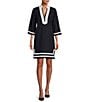 Color:Navy/White - Image 1 - Stretch Linen Point Collar 3/4 Sleeve Embroidered Loretta Dress