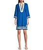 Color:Grecian/White - Image 1 - Stretch Linen Point Collar 3/4 Sleeve Embroidered Loretta Dress