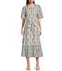 Color:Floral Paisley - Image 1 - Lisa Floral Paisley Print Short Sleeve Embroidered Round Neck Tie Waist Scallop Trim Midi Dress