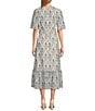 Color:Floral Paisley - Image 2 - Lisa Floral Paisley Print Short Sleeve Embroidered Round Neck Tie Waist Scallop Trim Midi Dress