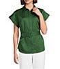 Preston & York Sasha Belted Short Sleeve Point Collar Blouse, Color:Artichoke - Image 1