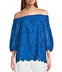 Color:Grecian - Image 1 - Shelley Eyelet Off-The-Shoulder 3/4 Puff Sleeve Blouse