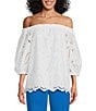 Color:White - Image 1 - Shelley Eyelet Off-The-Shoulder 3/4 Puff Sleeve Blouse