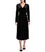 Color:Black - Image 1 - Sydney Stretch Velvet Long Sleeve V-Neck Belted Midi Dress