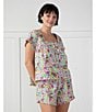 Color:Spring Meadow - Image 4 - Short Sleeve Pintuck Detail Woven Bunny Trail Shorty Pajama Set