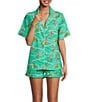 Color:Tennis Teal - Image 1 - Courtside Cats Short Sleeve Notch Collar Woven Shorty Pajama Set