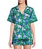 Color:Green Juice - Image 1 - Fancy Cats Short Sleeve Notch Collar Woven Shorty Pajama Set