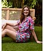 Color:Hot Pink - Image 6 - Meowing Mermaids Short Sleeve Notch Collar Woven Shorty Pajama Set