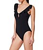 Profile by Gottex Bachelorette Solid Ruffle Tie Front V-Neck Tank One Piece Swimsuit, Color:Black - Image 3