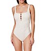 Profile by Gottex Jolene Texture Square Neck Lace Overlay Tank One Piece Swimsuit, Color:Cream - Image 1