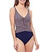 Color:Navy - Image 1 - Let It Be Geo Print Beaded Shirred V-Neck Tank Tummy Control One Piece Swimsuit