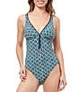 Color:Multi Blue - Image 1 - Masquerade Printed V-Neck One Piece Swimsuit