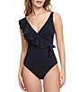 Color:Black - Image 1 - Tutti Fruitti V-Neck One Shoulder Ruffle Tie Knot Tummy Control One Piece Swimsuit