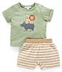 Color:Green - Image 1 - PureBaby®Baby Boys Newborn-24 Months Short Sleeve Safari Animal T-Shirt & Striped Shorts Set