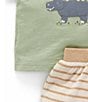 Color:Green - Image 4 - PureBaby®Baby Boys Newborn-24 Months Short Sleeve Safari Animal T-Shirt & Striped Shorts Set