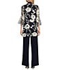 Color:Navy/White - Image 2 - 3/4 Bell Sleeve Crew Neck Embroidered Sequin Lace 3-Piece Pant Set