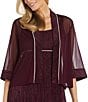 Color:Burgundy - Image 5 - 3/4 Sleeve Crew Neck Front Slit Pleated 2-Piece Jacket Dress