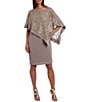 Color:Champagne - Image 1 - 3/4 Sleeve Crew Neck Lace Poncho Overlay Sheath Dress