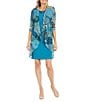 Color:Teal - Image 1 - 3/4 Sleeve Crew Neck Open Front Printed 2-Piece Jacket Dress