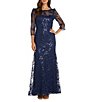 Color:Navy - Image 1 - 3/4 Sleeve Illusion Neck Embellished Sequin Gown