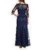 Color:Navy - Image 2 - 3/4 Sleeve Illusion Neck Embellished Sequin Gown