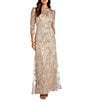 Color:Champagne - Image 1 - 3/4 Sleeve Illusion Neck Embellished Sequin Gown