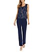 Color:Navy/Silver - Image 3 - 3/4 Sleeve Round Neck 3-Piece Pant Set