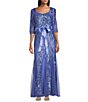 R & M Richards 3/4 Sleeve Sash Belt Sequin Long Gown - Image 1