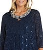 Color:Navy - Image 5 - 3/4 Sleeve Sequin And Pearl Embellished Crew Neck Lace 3-Piece Pant Set