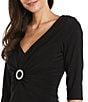Color:Black - Image 3 - 3/4 Sleeve V-Neck Hardware Detail Ruched Waist A-Line Dress