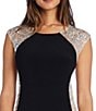 Color:Black/Nude - Image 3 - Beaded Power Mesh Side Panel Jewel Neck Cap Sleeve Knit Jersey Sheath Dress