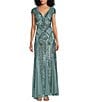 R & M Richards Cap Sleeve V-Neck Godet Insets Embroidered Sequin Dress, Color:Seafoam - Image 1