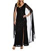Color:Black - Image 1 - Cape Sleeve V-Neck Front Slit Glitter Lace Gown