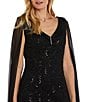 Color:Black - Image 3 - Cape Sleeve V-Neck Front Slit Glitter Lace Gown