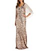 Color:Champagne - Image 1 - Chiffon 3/4 Cape Sleeve V-Neck Embroidered Sequin Gown