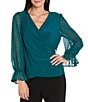 R & M Richards Chiffon Studded Long Balloon Sleeves Wrap ITY Top, Color:Emerald - Image 1